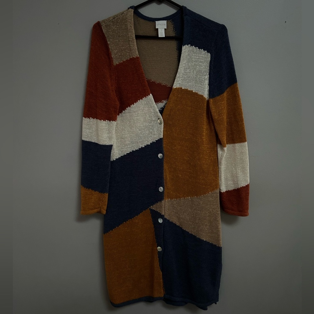Chico’s Geometric Colorblocked Cardigan Duster Long Length Sweater. Size 1